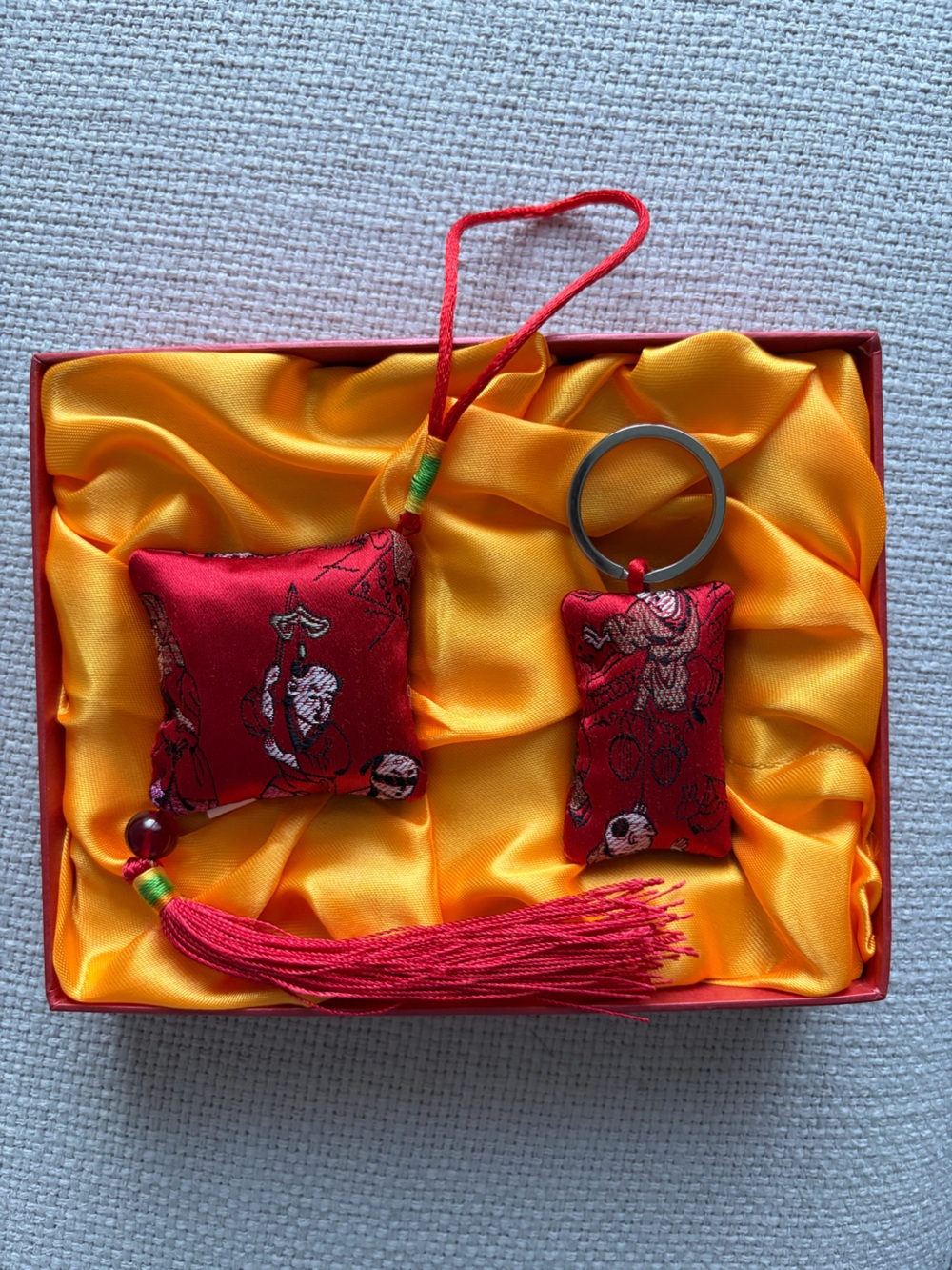 Red Embroidered Silk Keychain Scented Pouch Set with Tassel